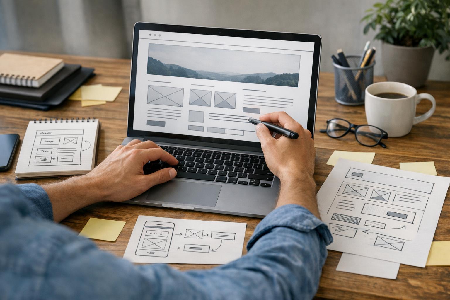 zdjęcie przedstawiające projektowanie strony na laptopie z notatkami