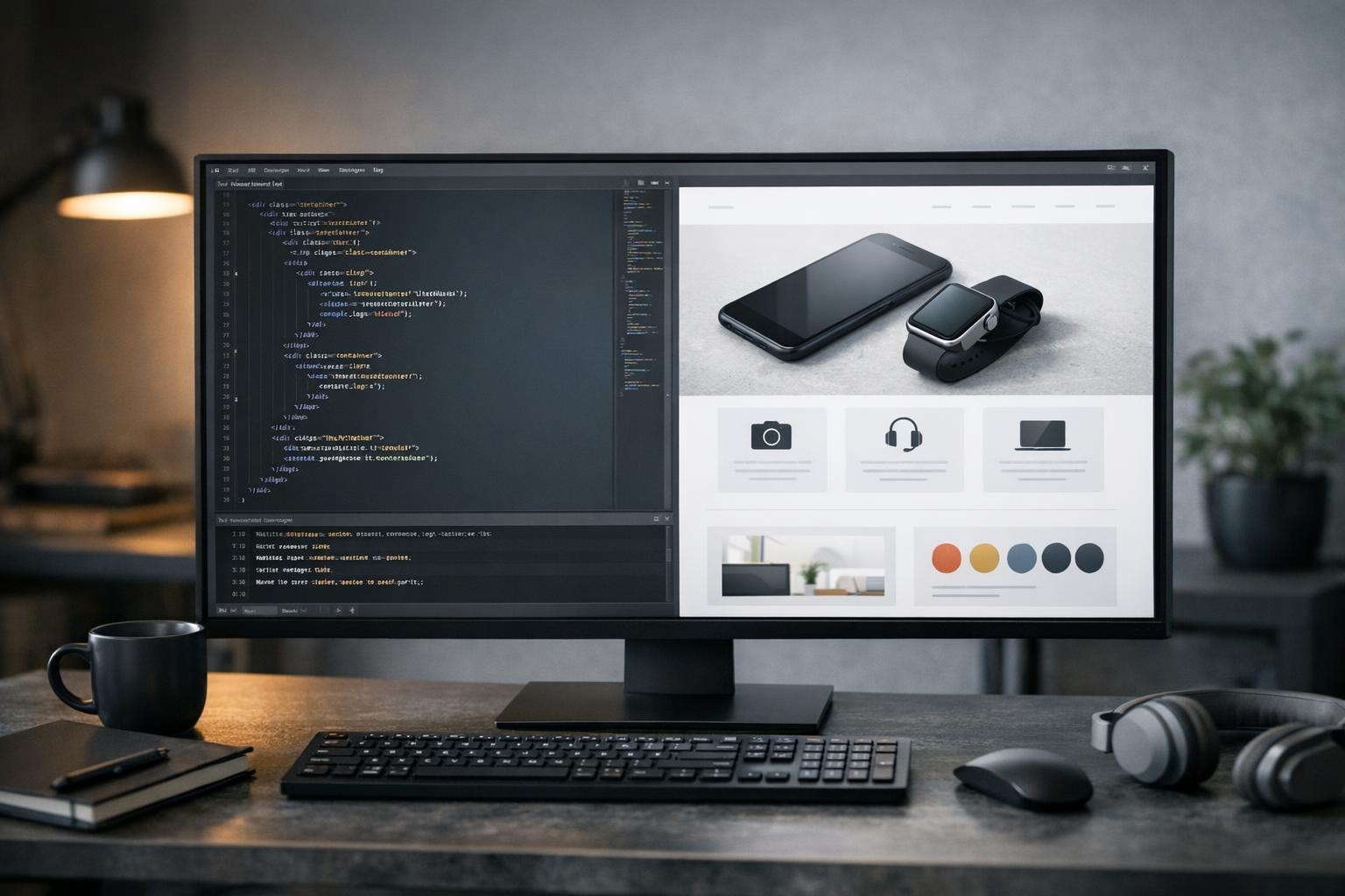 zdjęcie przedstawiające ekran monitora z kodem i projektem graficznym
